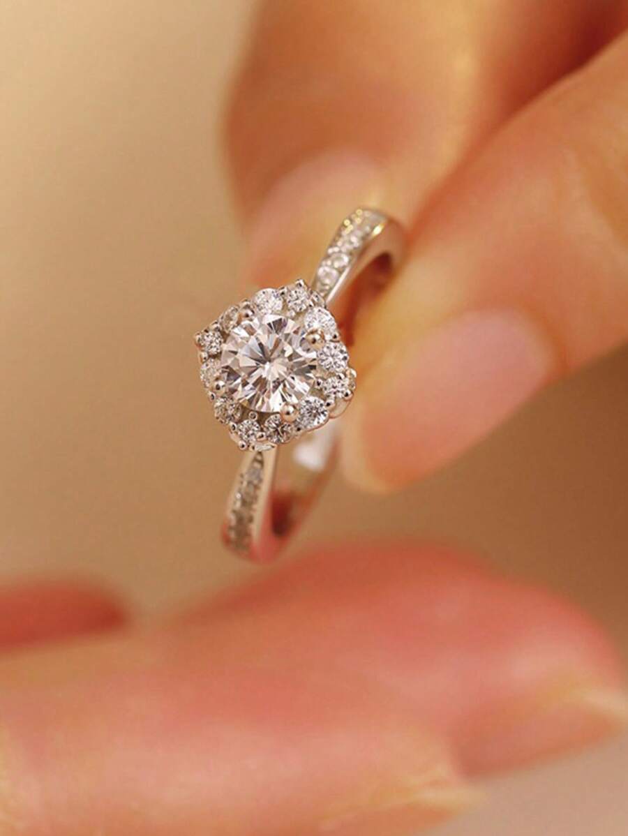 1pc S925 Sterling Silver Ring Inlaid With Synthetic Zirconia Geometric Design, Elegant Quality Jewelry For Women, Wedding, Engagement, Gift For Loved One