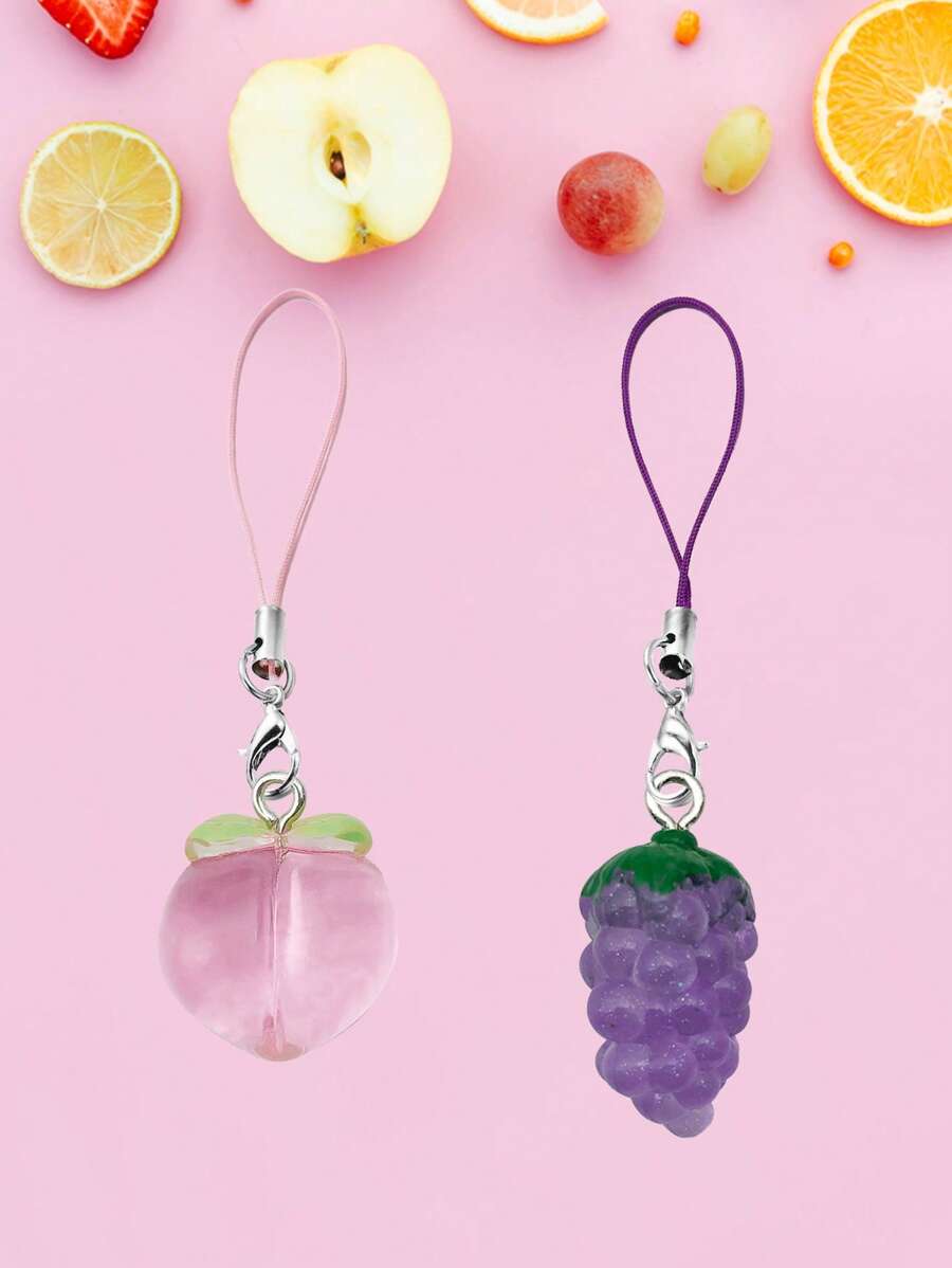 2pcs Cute Summer Holiday Peach&Grape Pendant Phone Hanger Earphone Strap For Daily Use And Gift For Friends Family