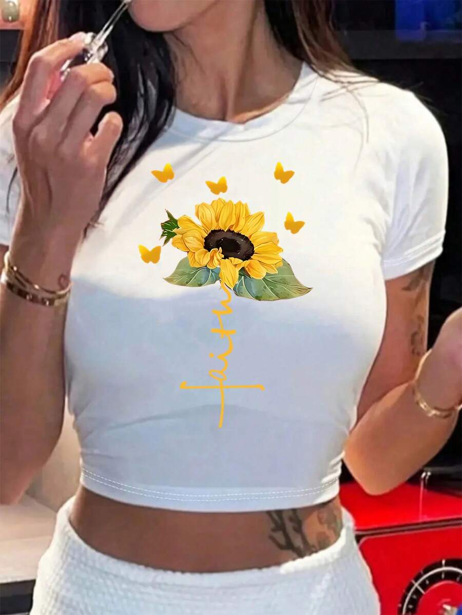 Sunny 'Faith' With Sunflower And Butterflies Crop Round Neck Short - SLeeve T - Shirts, Basic Tees, And Graphic Crop Tops Are Summer Women's Tops.