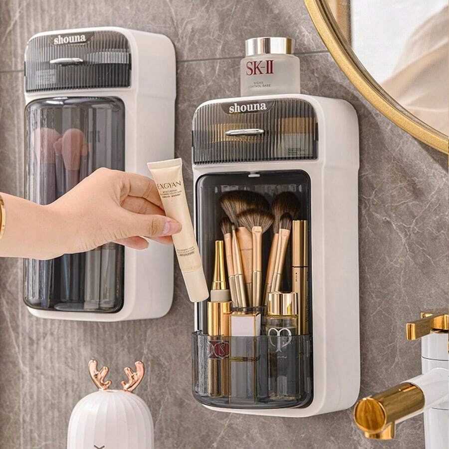 1 pieza Soporte para brochas de maquillaje, organizador de tocador para maquillaje con compartimentos divididos para lápices labiales, cosméticos y prevención de polvo