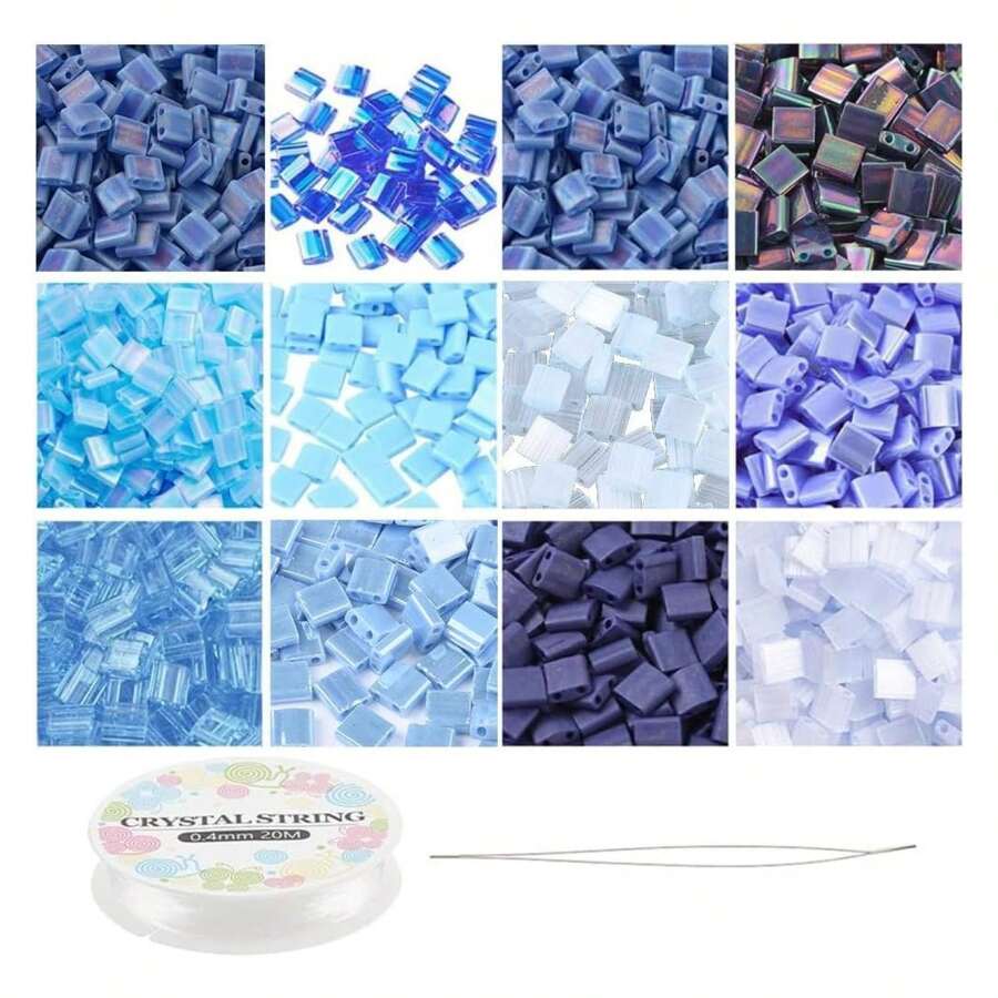 Blue Tila Beads Kit 312 Pcs, 12 Colors 5*5mm Glass Seed Beads With Elastic Thread & Beading Needles For Jewelry Making
