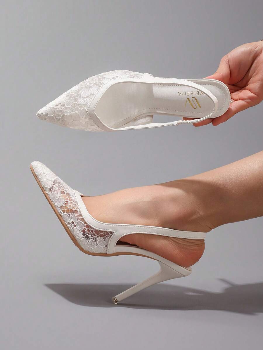 Fashionable White Lace Splicing High Heel Shoes, 2025 New Summer Hollow-Out Breathable Sexy Pointed Toe Party/Wedding Women Shoes