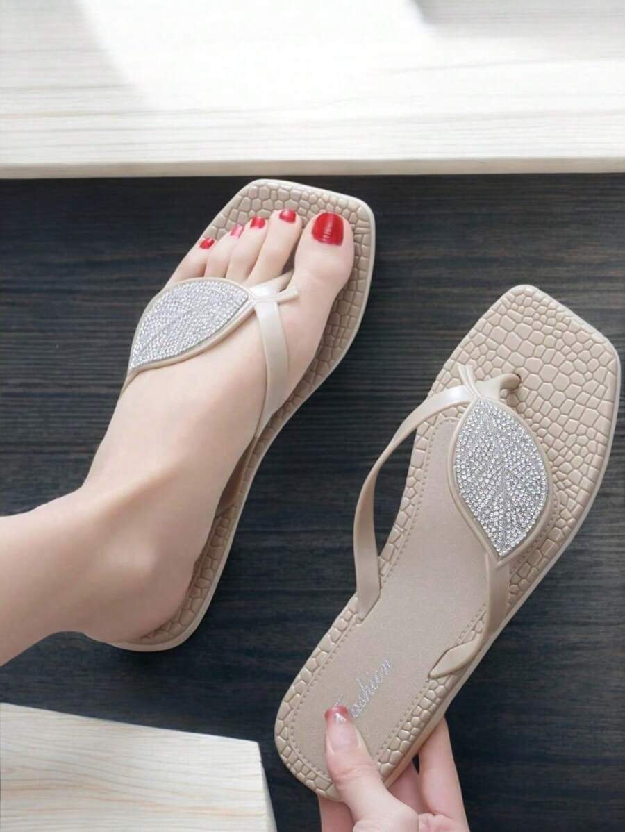 Sandalias planas con diseño de hoja y brillos, sandalias para mujeres, sandalia plana para dama.