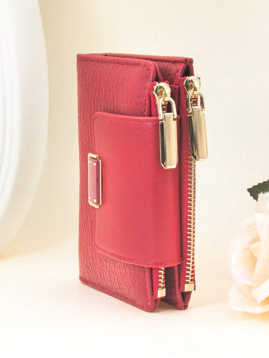 Nuevo monedero compacto con botón a presión para mujer, sofisticado, de piel sintética PU suave, billetera plegable, monedero, estuche para tarjetas, de color rojo, minimalista y práctico, monedero miniatura, pequeño monedero para mujer