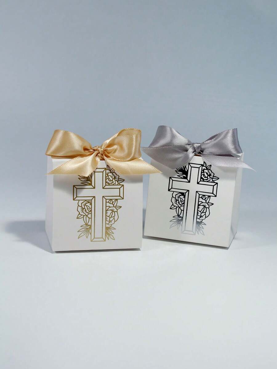 10pcs Mini Gift Box With Cross And Floral Design, Perfect For Christenings, Baptisms, Weddings, And Events, Includes Satin Ribbons In Gold And Silver, Ideal For Small Gifts, Favors, And Keepsakes – Elegant And High-Quality Craftsmanship, For Mother's Day, Bridesmaid Gifts, Graduation Gifts, Birthday Gifts, Wedding Gifts,Birthday,Bride,Wedding