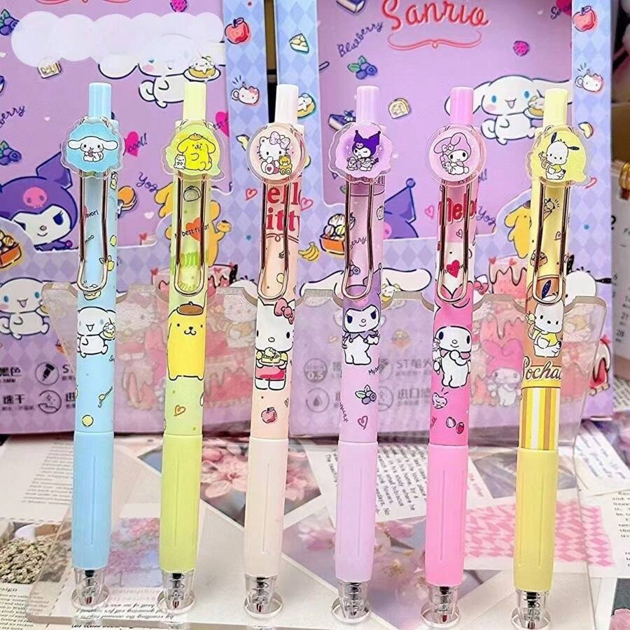 Sanrio 6pcs Sanrio Cartoon Cute Press Neutral Pen Quick Drying Easy Writing Student Girl Acrylic Patch Signature Pen Suitable For Office School Teachers And Students Holiday Birthday Beautiful Small Gifts