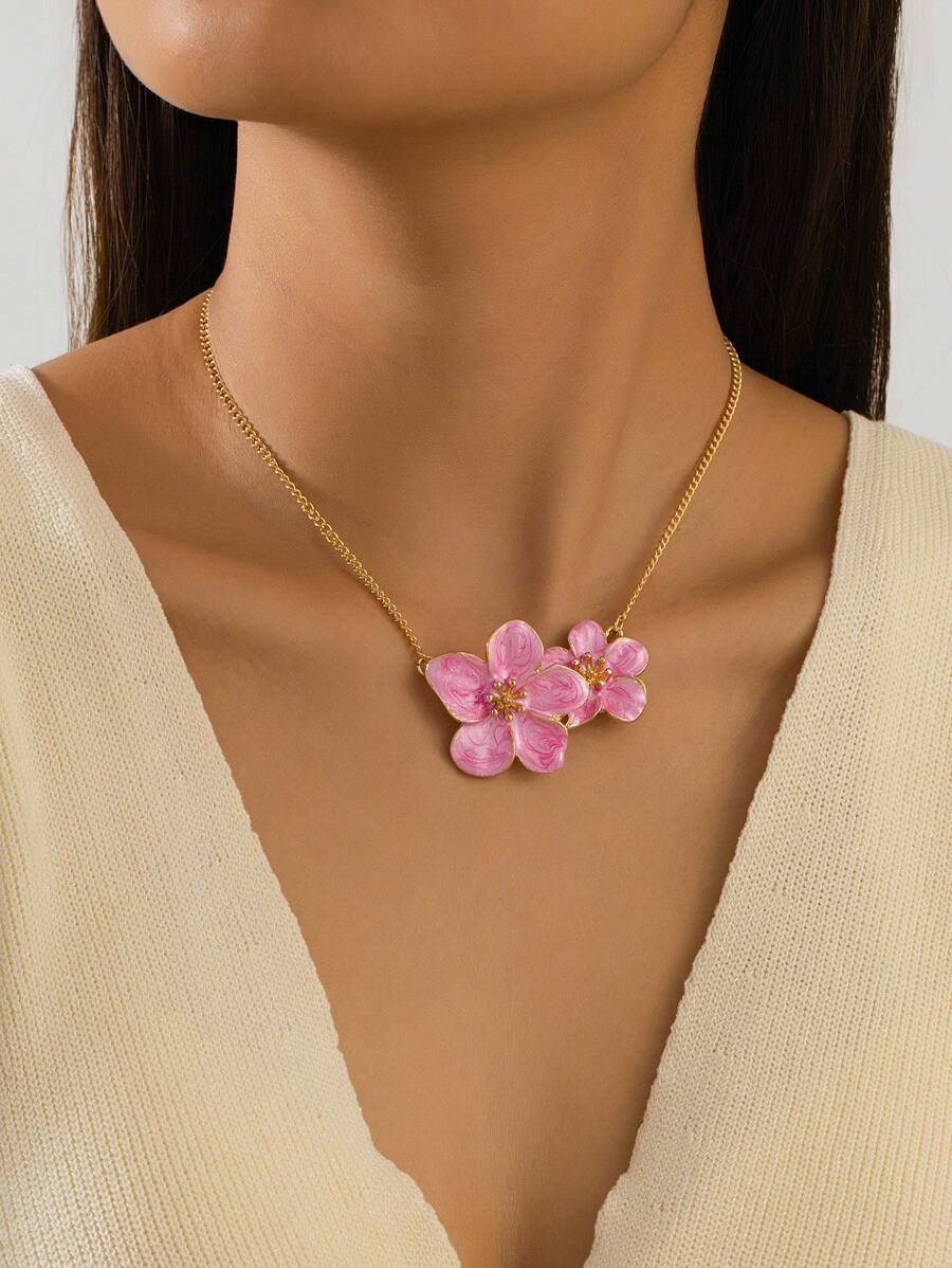 1pc elegante e charmoso rosa lágrima em forma de 5 pétalas flor pingente colar para mulheres