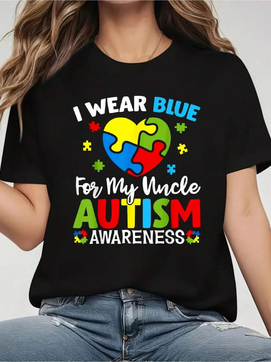 Awareness Month Heart I Wear Blue For My Uncle T-Shirt, Printed Casual Crew Neck T-Shirt For Women - Summer & Spring Short Sleeve, Breathable 100% Cotton Top
