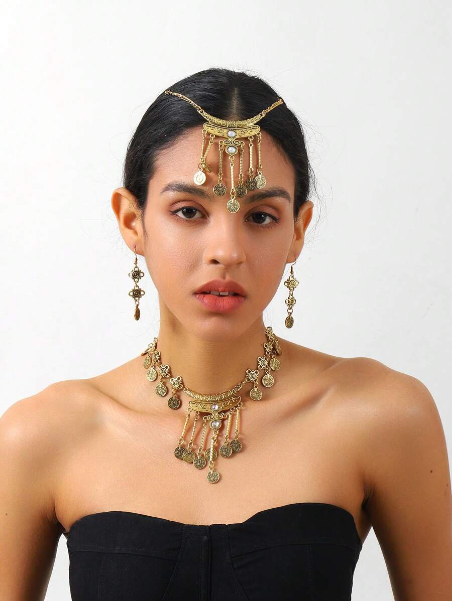 1 set de design de pièce de monnaie vintage arabe comprenant 1 chaîne de tête + 1 collier + 1 paire de boucles d'oreilles, convient aux femmes, cadeau de vacances