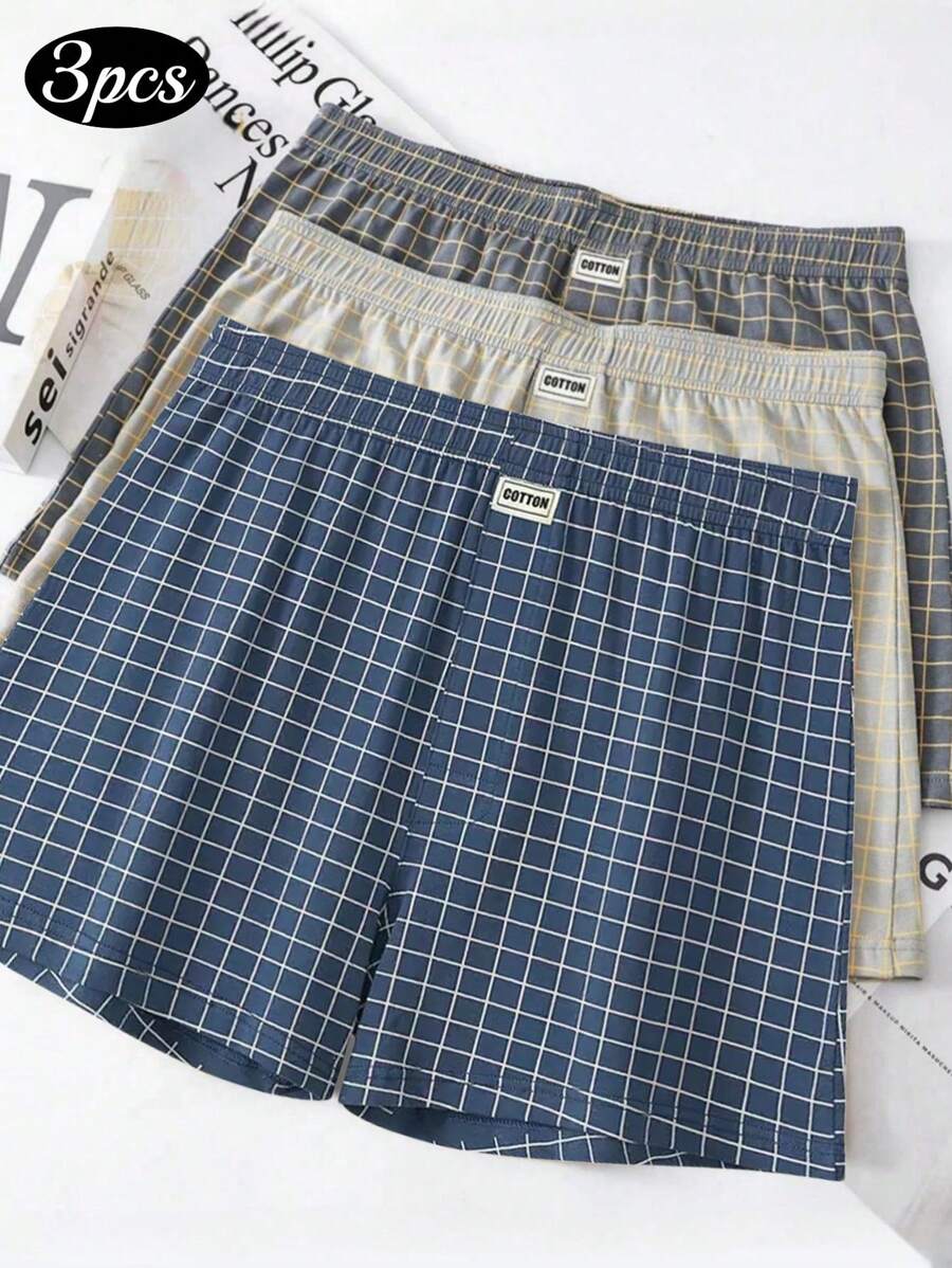 3pcs Men's Underwear Men Boxer Briefs,Soft Comfortable Plaid Design Loose Boxer Shorts