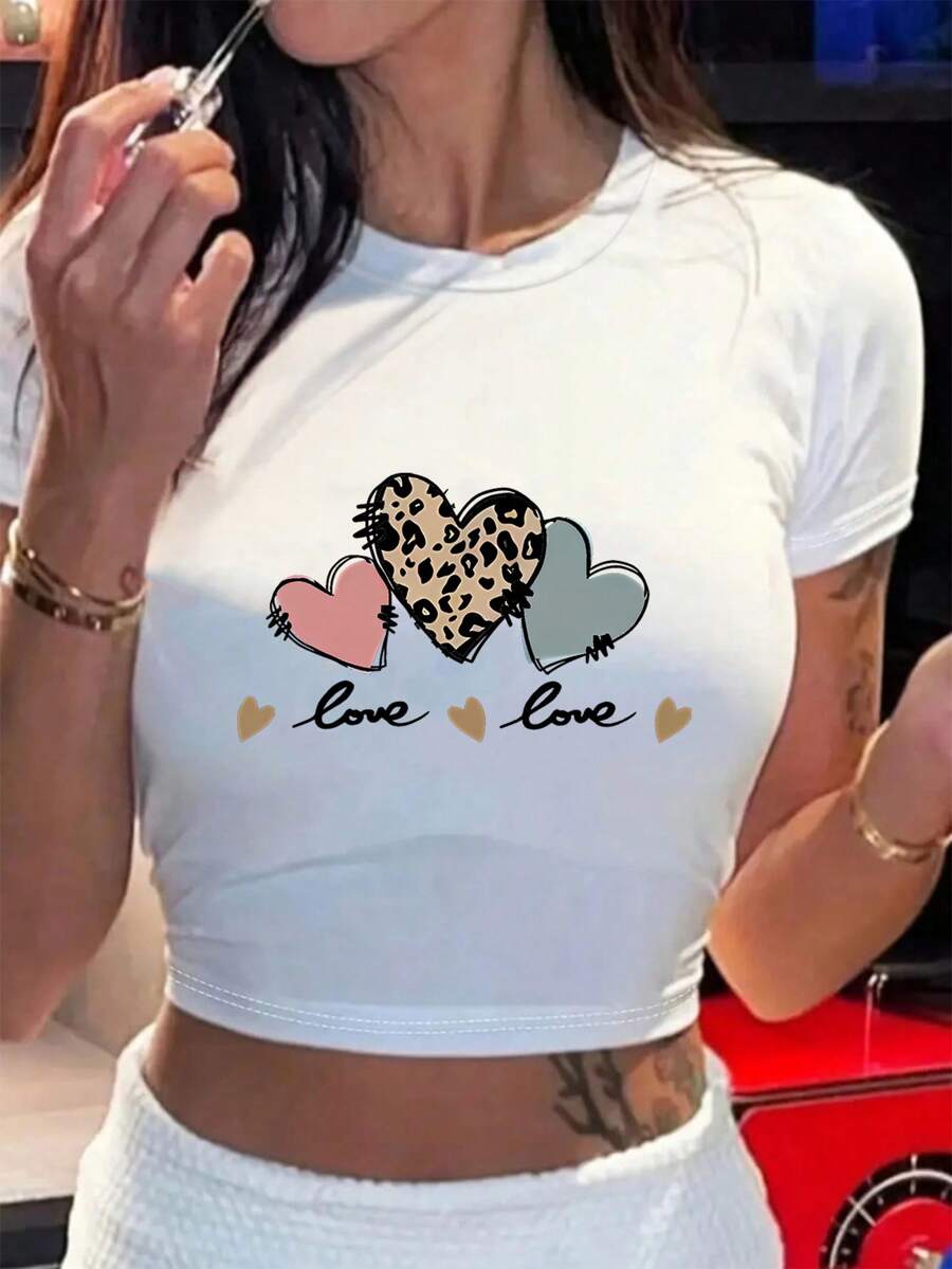 Cute Bee - Themed Crop Round Neck Short - SLeeve T - Shirts, Basic Tees, And Graphic Crop Tops Are Summer Women's Tops.