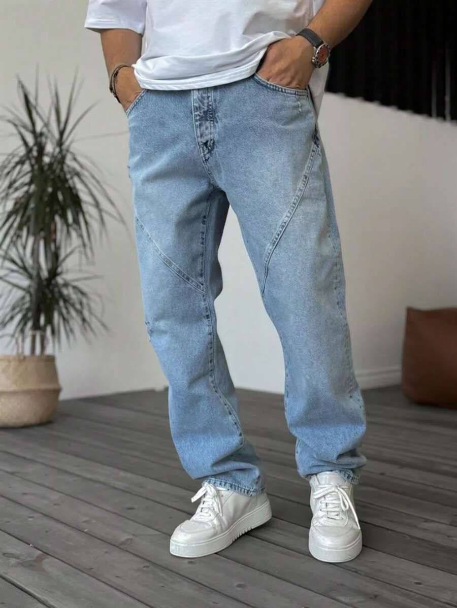 Jeans rectos clásicos para hombre con inserción de parche y bolsillos, casuales y versátiles