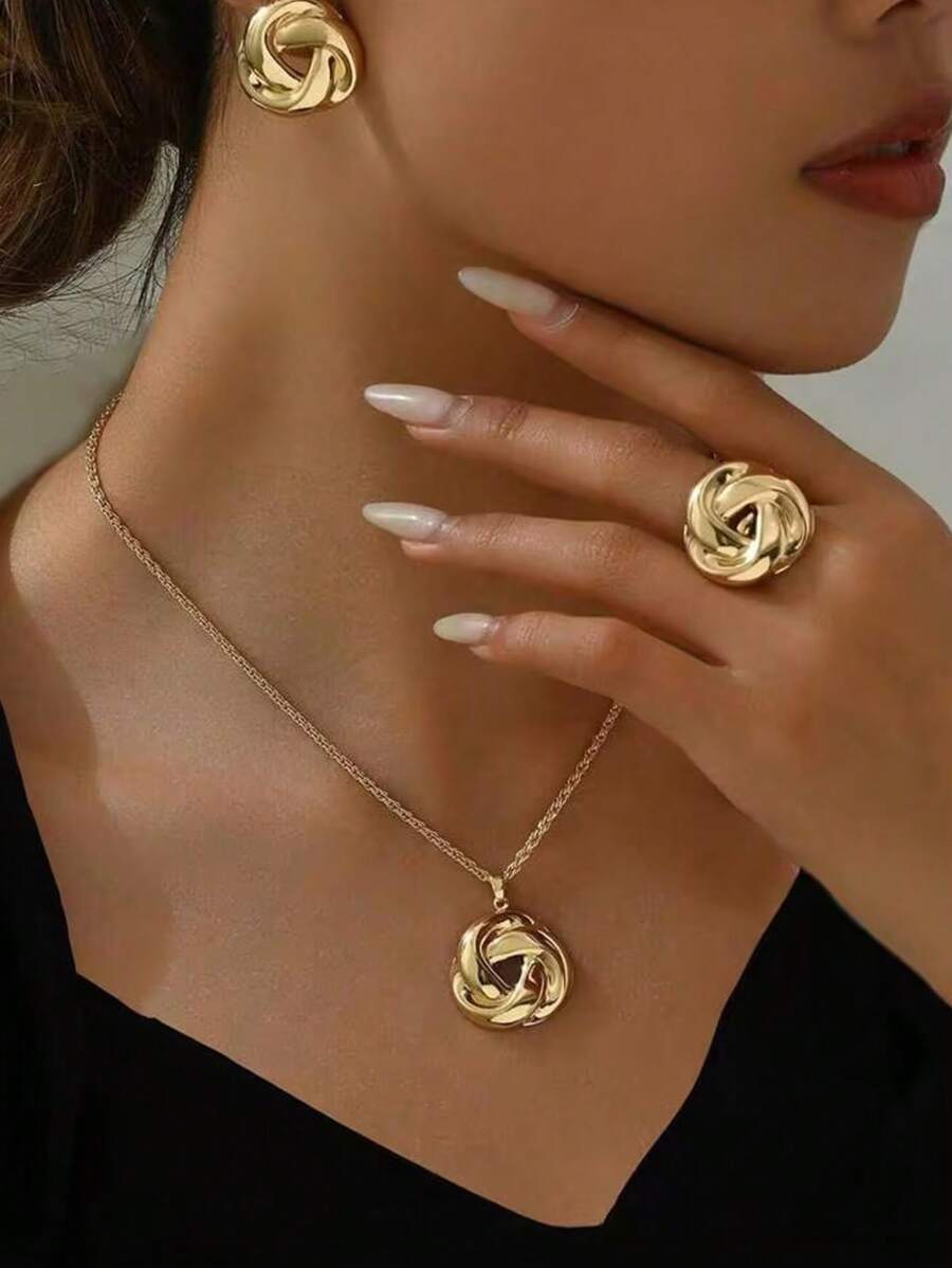 Hegaze 1 Set Fashionable & Elegant Metal Exaggerated Smooth Twist Necklace, Ring, Earrings Jewelry Set For Women