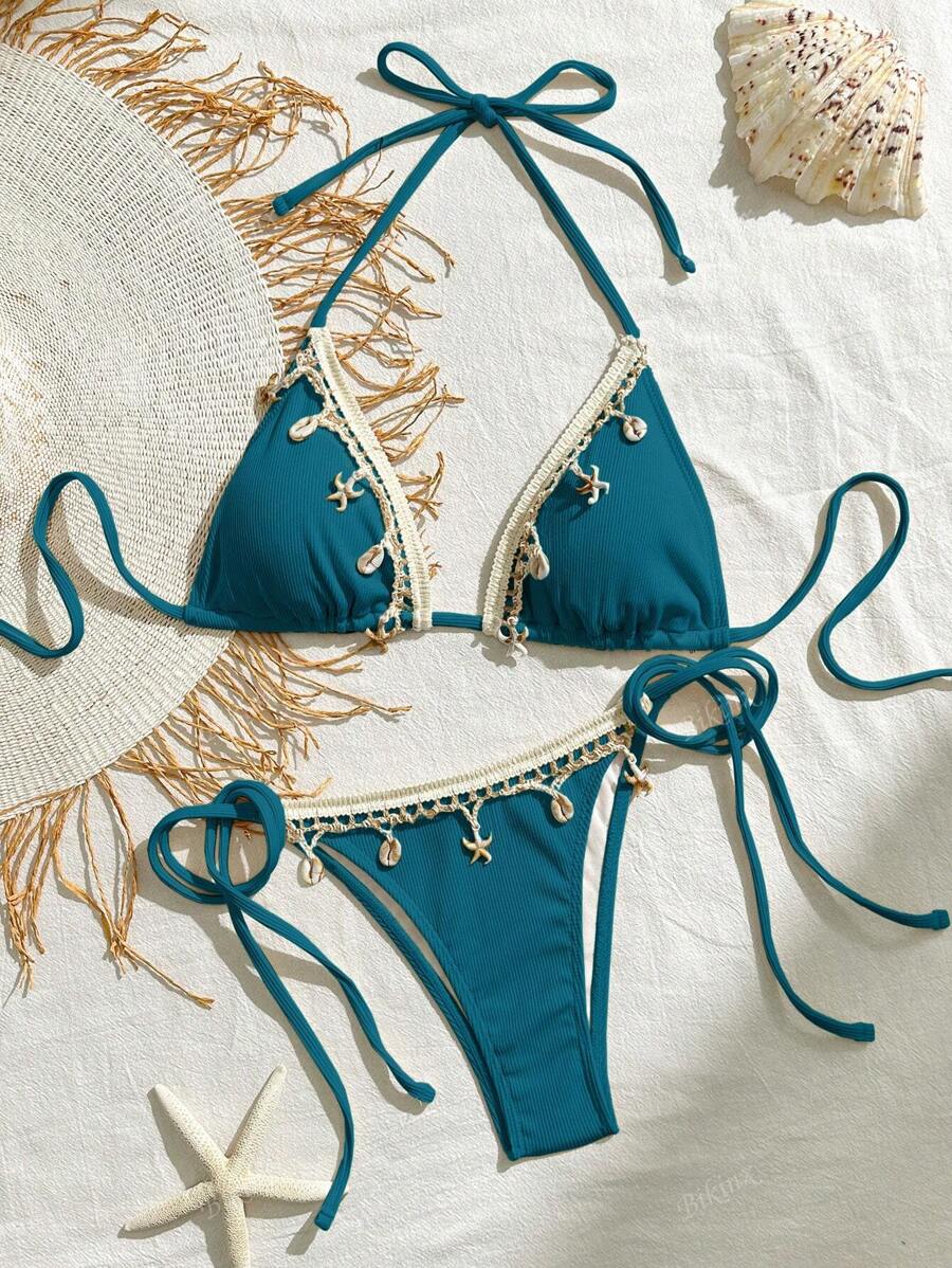 Bikinx Conjunto de bikini de copa triangular para playa con decoración de cinta de unicolor, puntada y concha, con cordones