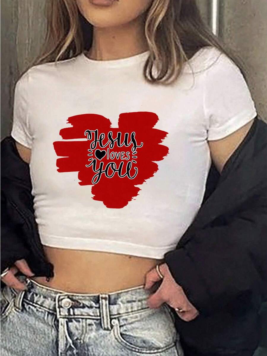 SpiritualJesus Loves YouCrop Round Neck Short - SLeeve T - Shirts, Basic Tees, And Graphic Crop Tops Are Summer Women's Tops.