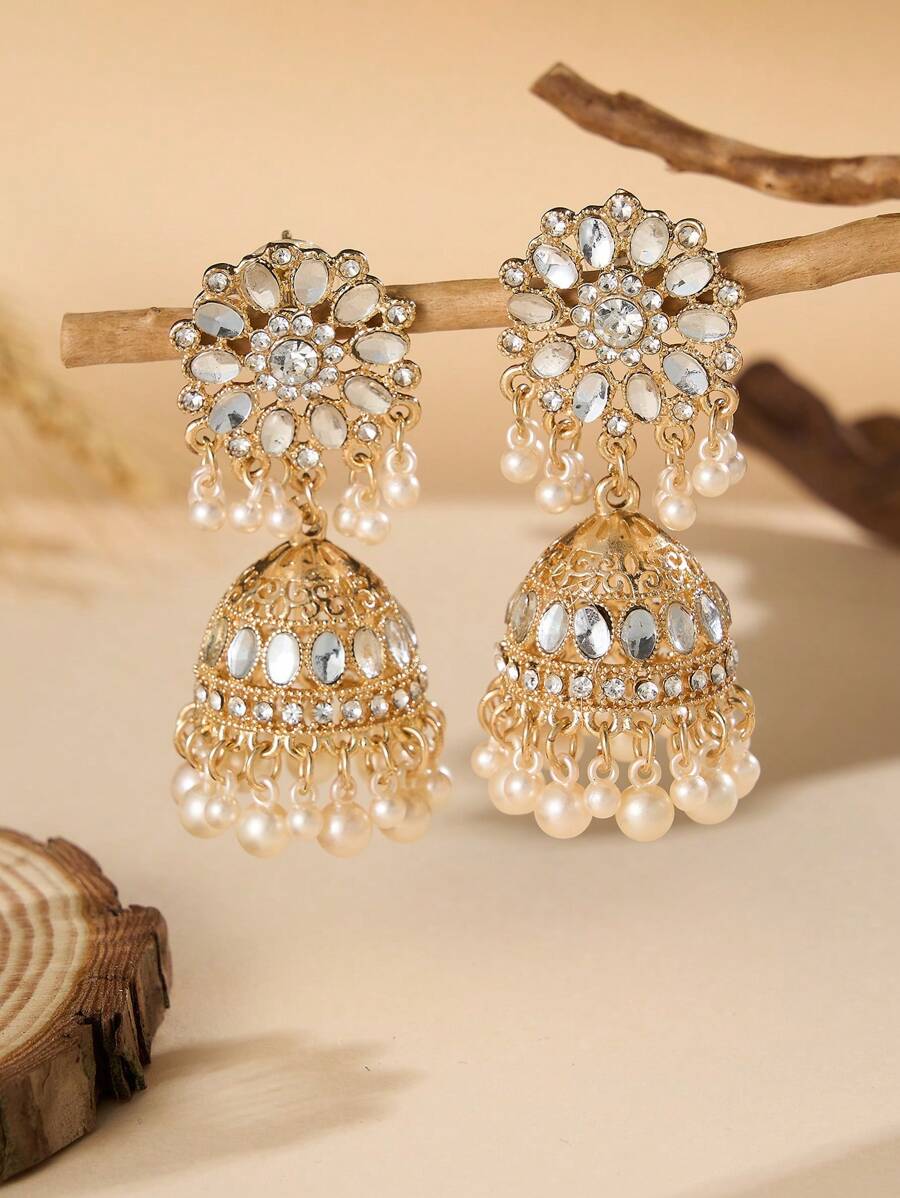 1 Paar luxuriöse Glocken Ohrringe, elegante Boho Kunstperle, Strass Blumen Dekor Schmuck, geeignet für täglichen Gebrauch und Partytragen, Hochzeitsaccessoires