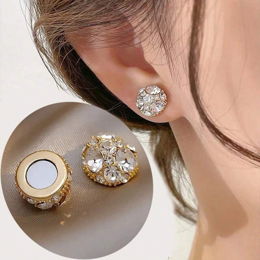 2 piezas Elegantes Clips magnéticos de oreja con bola de cristal de lujo para mujeres, con gran zirconia, para uso sin perforación