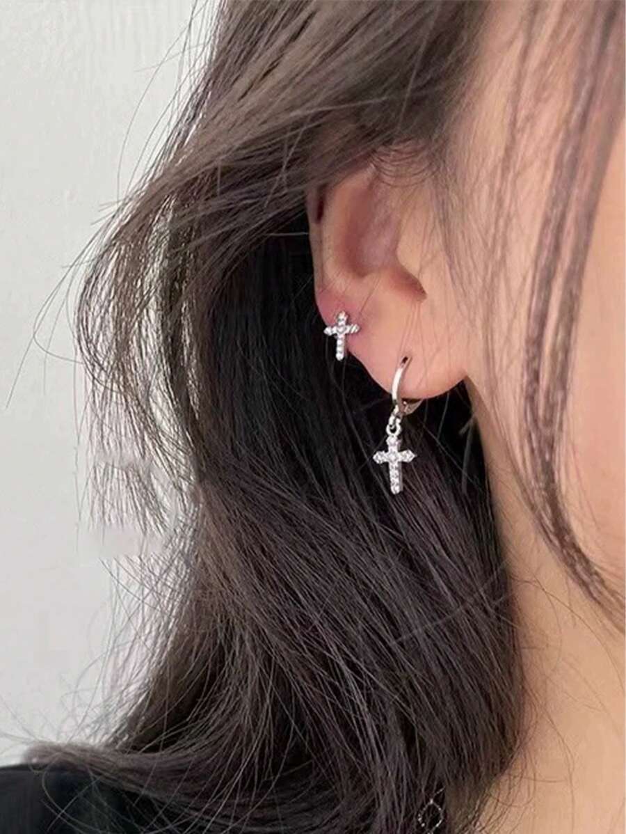 2 peças brincos de design de cruz assimétrica, brincos minimalistas da moda para mulheres