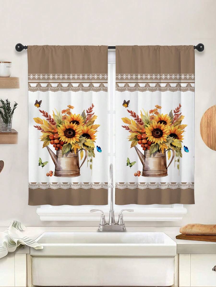 2pcs Sunflower Print Kitchen Window Curtain,Without Holes Curtain,Refer To Bedroom Office Kitchen Living Room Study Home Decor