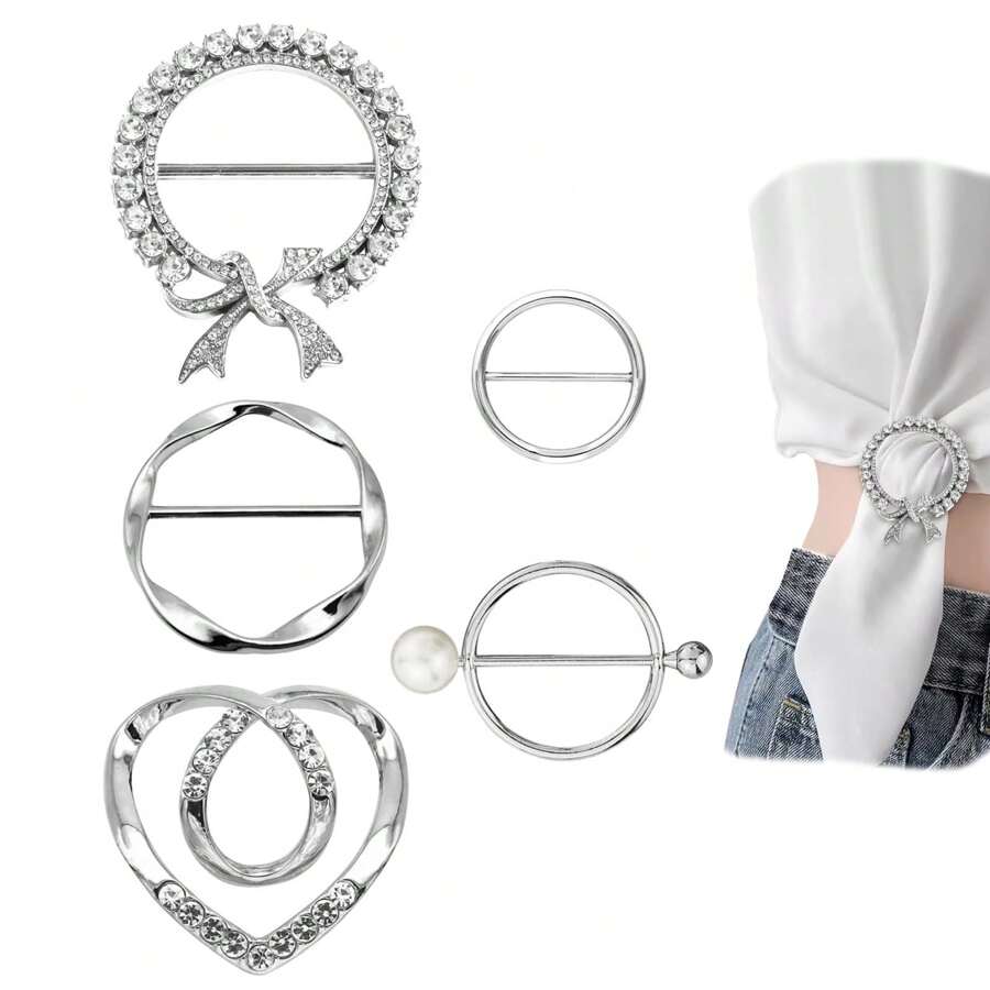 5pcs Women's Scarf Clips Tie Pin Waist Cincher For Tshirt, Metal & Rhinestone Circular Round Buckle