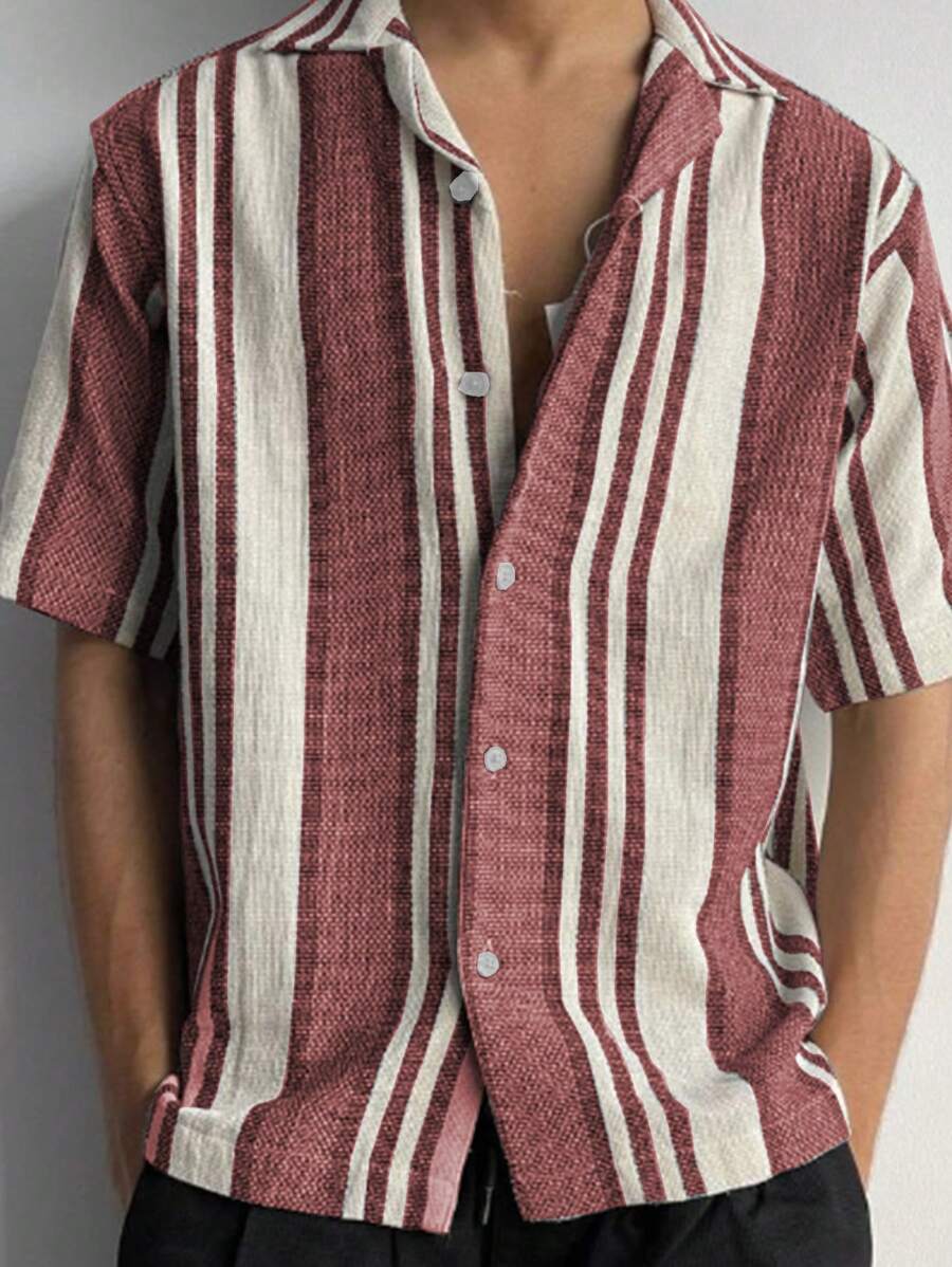 Men's Casual Striped Short Sleeve Shirt, Fashion Versatile Casual Style Collared Fully-Buttoned Design Suitable For Business, Work And Leisure Wear