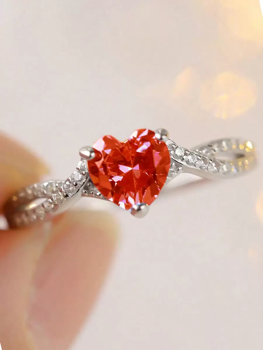 S925 Sterling Silver Heart Shaped Classic Red Zirconia Fashion Elegant Women Ring