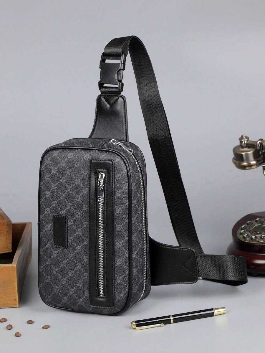 1 pieza Bolso de pecho de hombre con estampado geométrico negro de PU, bolso bandolera casual y de moda adecuado para compras, deportes, vacaciones para hombres y mujeres