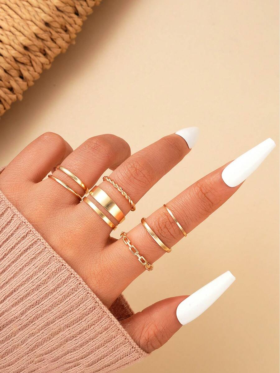7pcs Fashion Minimalist Ladies Ring Set, Casual For Vacation, Date, Party, Daily Matching (No Box)