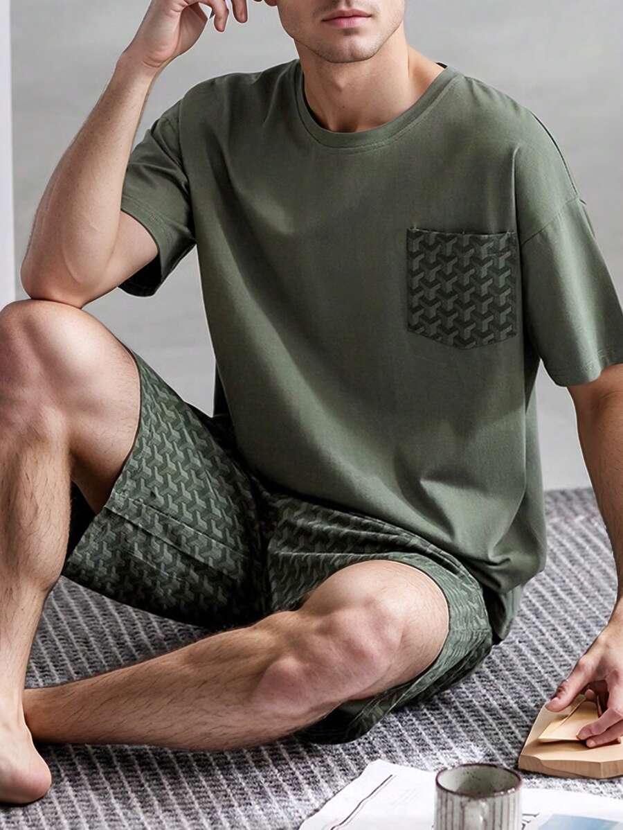 Conjunto de pijama de hombre con cuello redondo, estampado geométrico verde, de manga corta y pantalón corto, ropa de estar en casa de verano