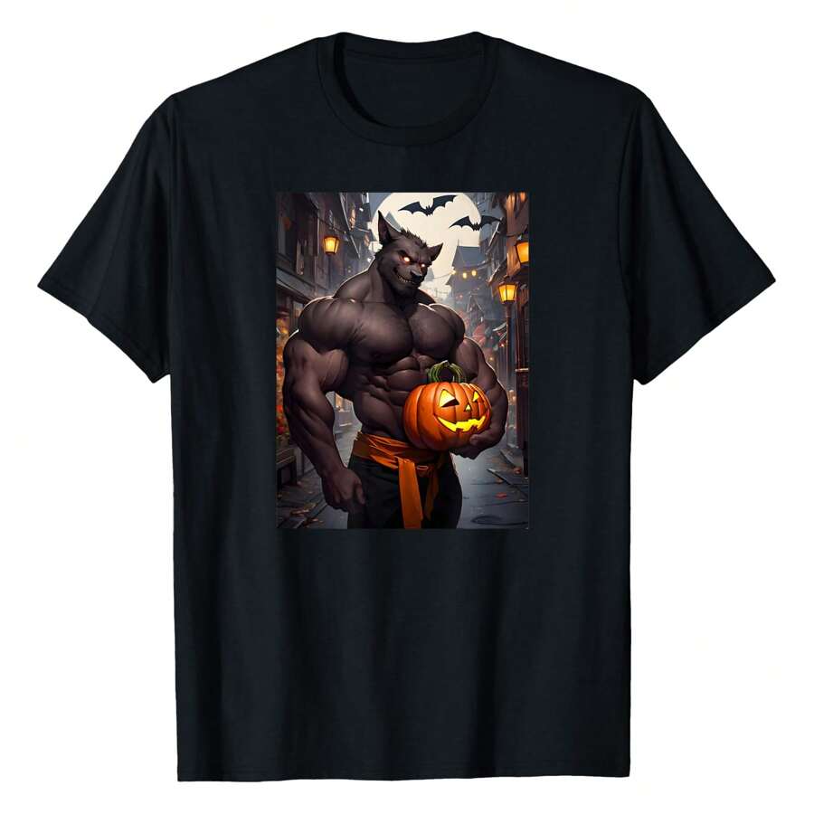 Pride Werewolf Muscle Daddy Gay Pride LGBT Halloween T-Shirt Graphic Tees Short Sleeve Casual Women Men T Shirts 100% Cotton Tee Shirt Womens Summer Tops Funny Print Women's T-Shirts Soft Comfy Everyday Wear Daily Gift Woman Tshirt Black