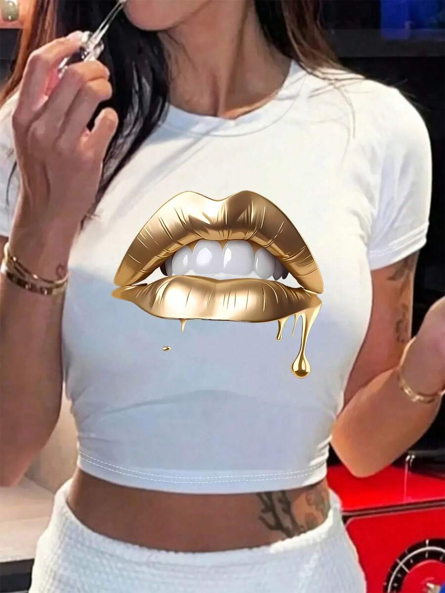 100% Cotton Unisex Crop Round Neck Short - SLeeve T - Shirts, Basic Tees, And Graphic Crop Tops Are Summer Women's Tops. With Golden Lips Graphic