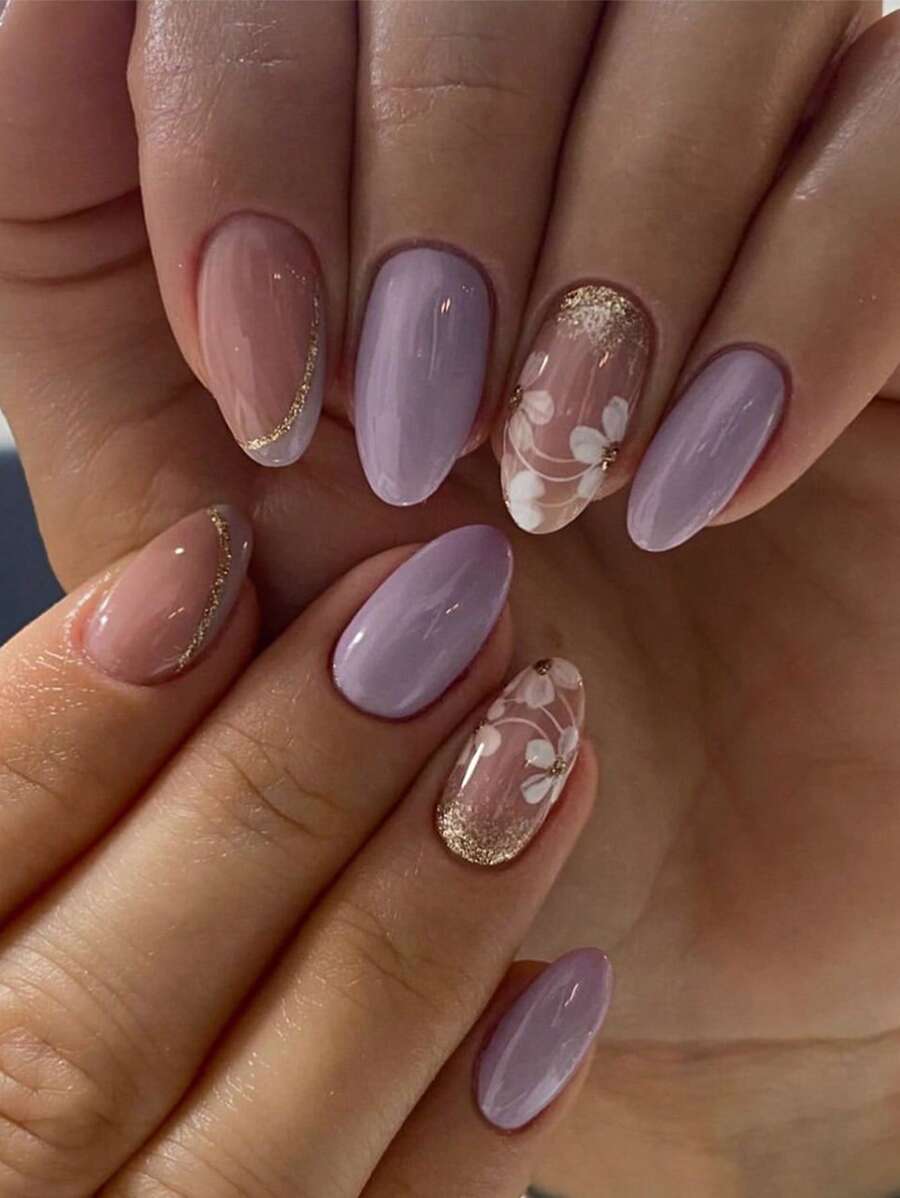 Set di 24 unghie finte corte a mandorla, unghie estive con fiori viola francese sfaccettati, finitura lucida, adatto per donne e ragazze da indossare in ogni occasione