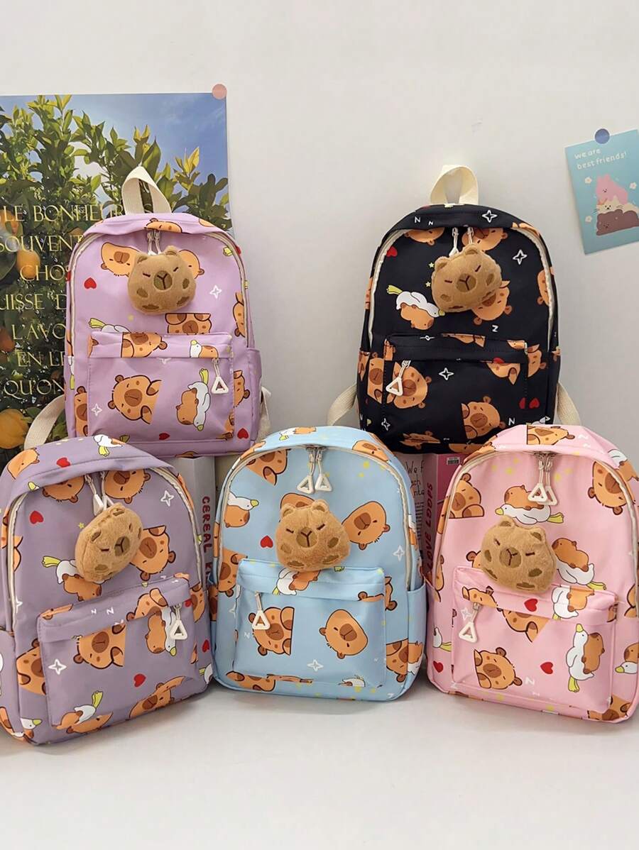 Cartoon Fashion Kids Backpack, Cute Casual Lightweight Outdoor Bag With Capybara Print