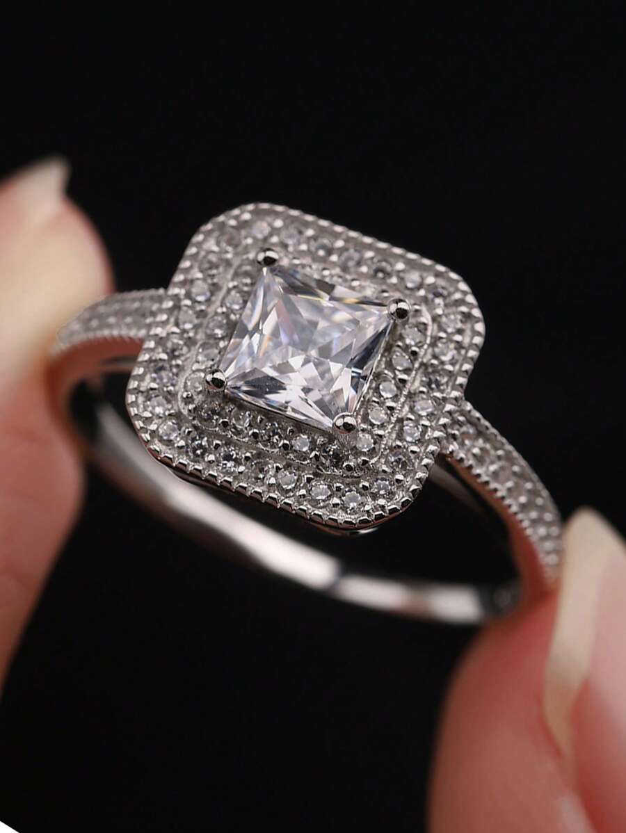 Anillo de boda de moda clásica, anillo de compromiso de plata esterlina S925 con corte de princesa y circonita cúbica para mujeres