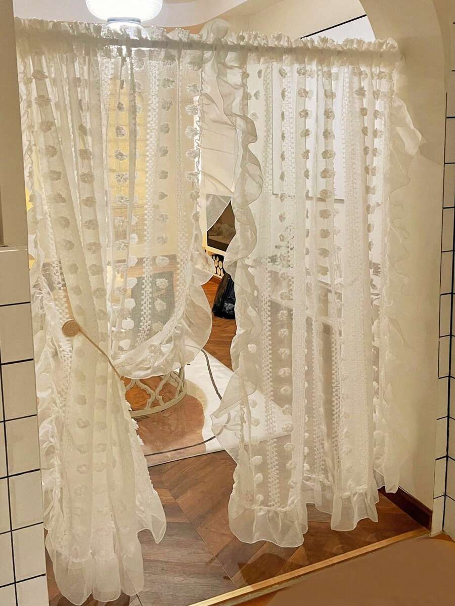 1pc/2pcs French Romantic Ruffled White Lace Pompom Curtain, Polka Dot Voile Sheer Window Curtain Panel For Living Room Divider, Kitchen, Bedroom, Balcony Privacy Protection