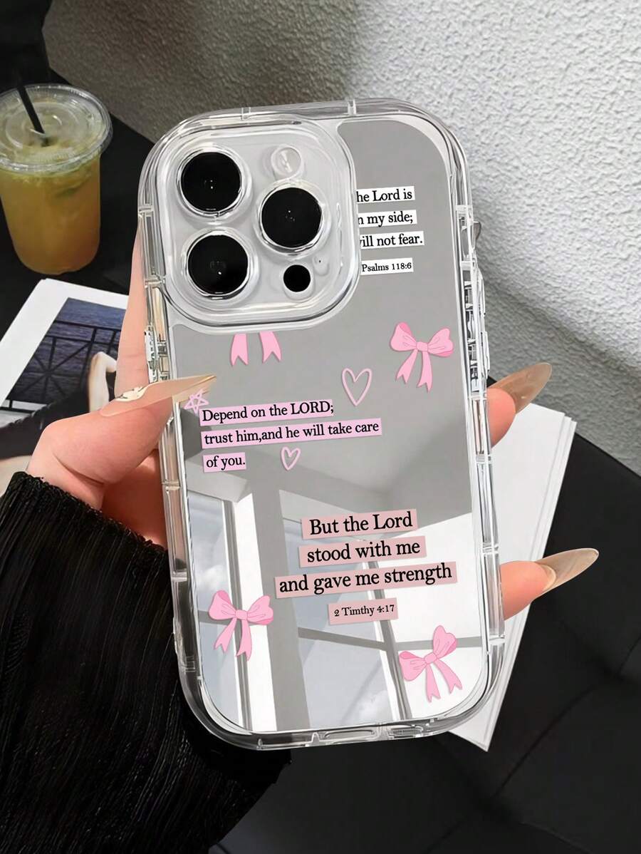 Mirror Phone Case 1pc Minimalist Slogan, God, Pink Bow Design Transparent Full Protective Phone Soft Case Compatible With IPhone 11/12/13/14/15/16 Pro Max
