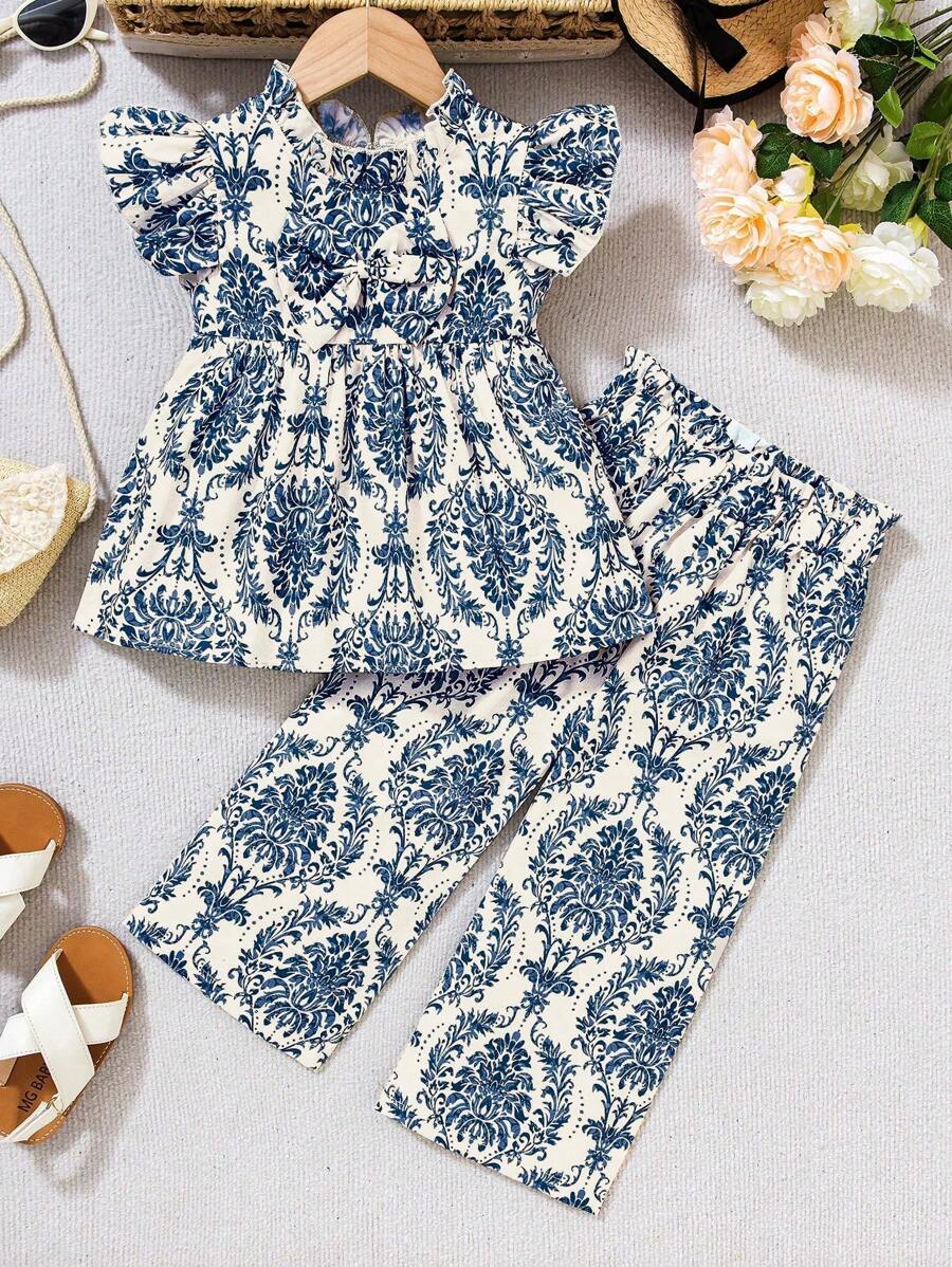 Young Girl Vintage Palace Style Green Plants & Bow Decorated 2pcs Set, Children Floral Luxury 2pcs Suit, Fashion Summer Nature Style Outfit, Suitable For 4-7 Years Old Girls, Spring/Summer