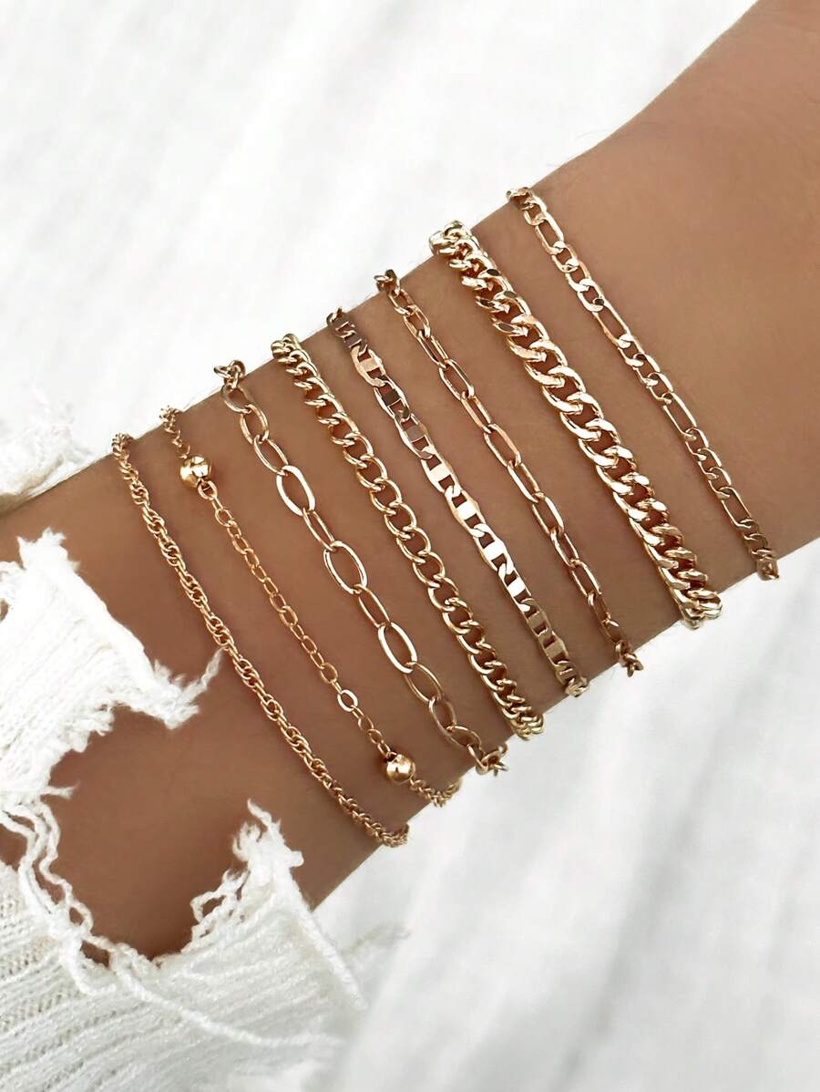 Set de 8 pulseras de cadena de estilo minimalista y punk, adecuado para el uso diario de las mujeres (las cadenas se cortan a la longitud, no por cantidad de cuentas)