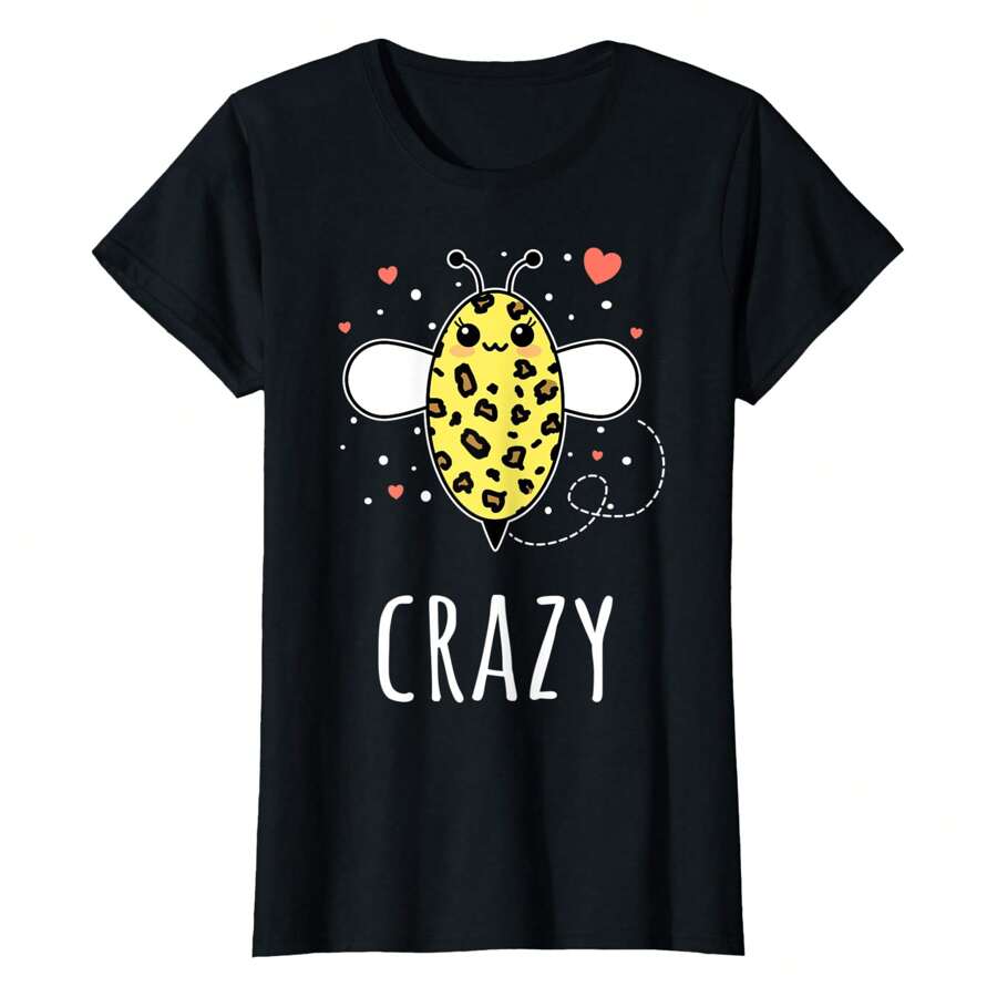 Womens Cute Bee Crazy Leopard Pattern Kawaii Inspirational T-Shirt Women's Crewneck Casual, Sports, Personality Black T-Shirt