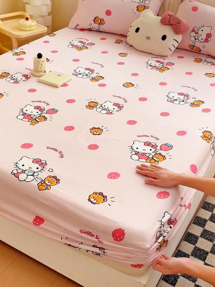 Sanrio 1 pièce Drap-housse imprimé de bande dessinée, Protège-matelas, Housse de lit, Drap-housse, Textile d'ameublement confortable, Protège-matelas respirant et résistant à la formation de peluches, Décoration d'intérieur, Convient à tous les formats de lit - Double, Full, Queen, King, Toutes saisons, Anti-poussière, Lavable en machine