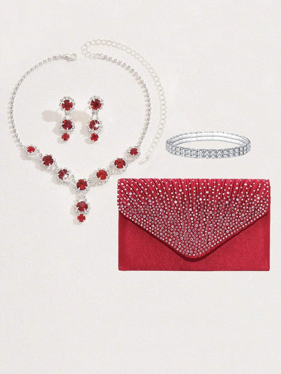 Sac de soirée de luxe pour femmes avec décorations de strass et chaîne d'épaule, set d'accessoires de robe de soirée comprenant des boucles d'oreilles, un collier, un bracelet réglable