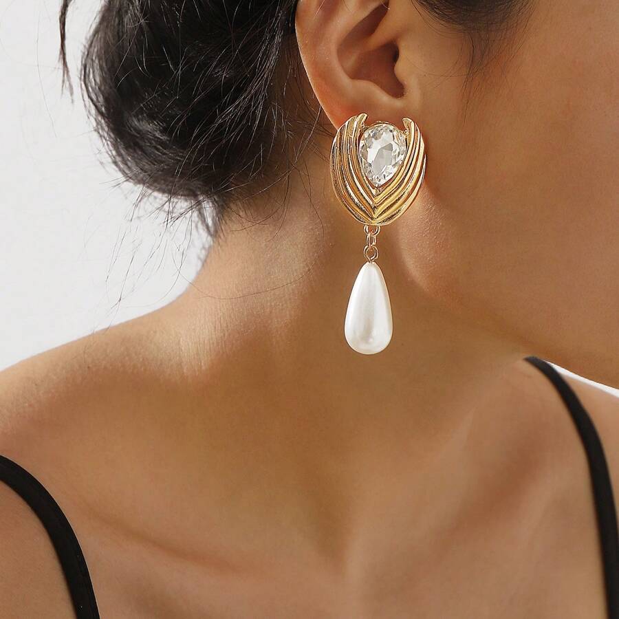 1 Pair Elegant Geometric Metal Rhinestone & Pearl Decorative Pendant Earrings, Suitable For Women's Daily Wear