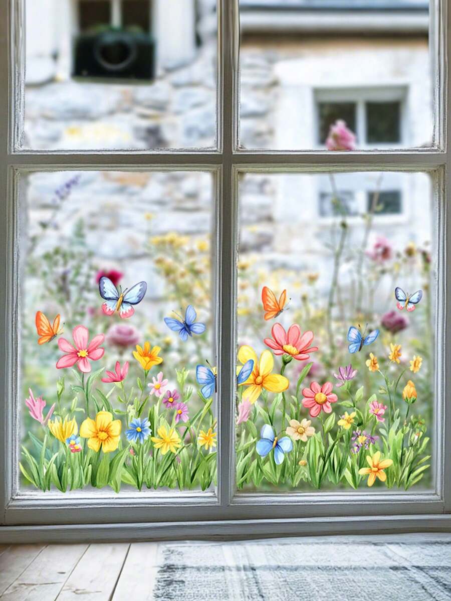 1 pieza Etiqueta autoadhesiva para ventana con patrón de flores silvestres y mariposas de colores, decoración de cristal, póster decorativo, decoración para habitación de niños/ventana del patio, calcomanía de pared de PVC removible