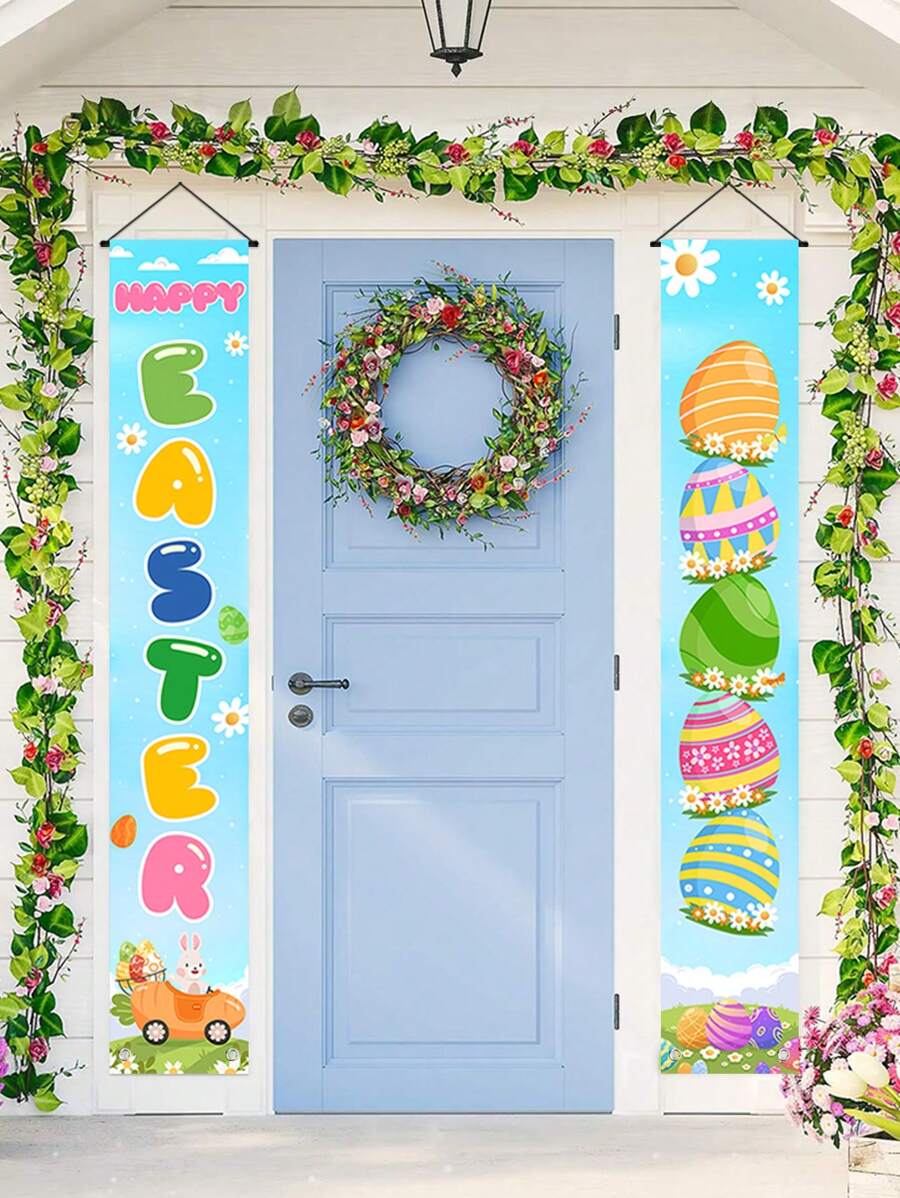 2pcs/Set Blue Easter Door Couplet, Color Egg Bunny Easter Polyester Door Hanging, Color Door Banners Porch Banners, Happy Easter Room Decorations Home Decor Backdrops, Easter Indoor/Outdoor Decorations Hanging Decorations Supplies, Spring Party Easter Party Decorations, Garden Decorations, Easter Gifts