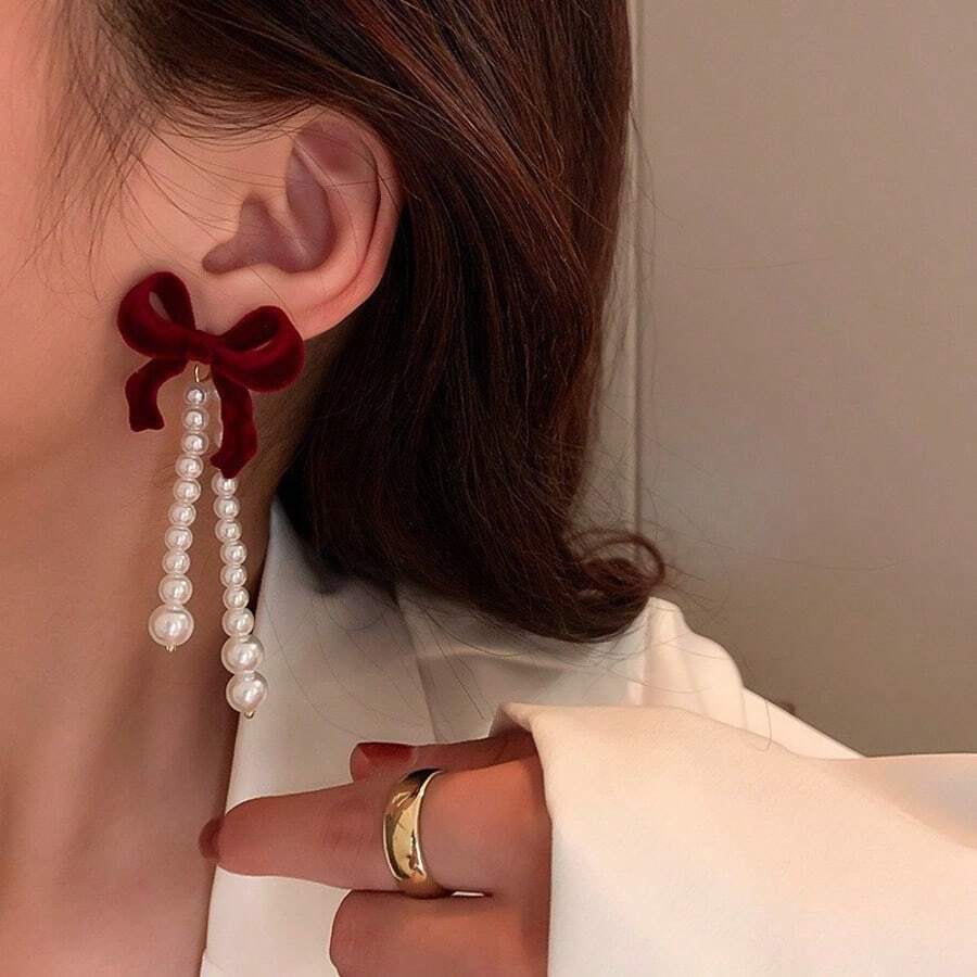 1pc New Vintage Hong Kong Style Wine Red Flocked Bow S925 Silver Needle Earring, 2-In-1 Pearl Earring For Autumn/Winter