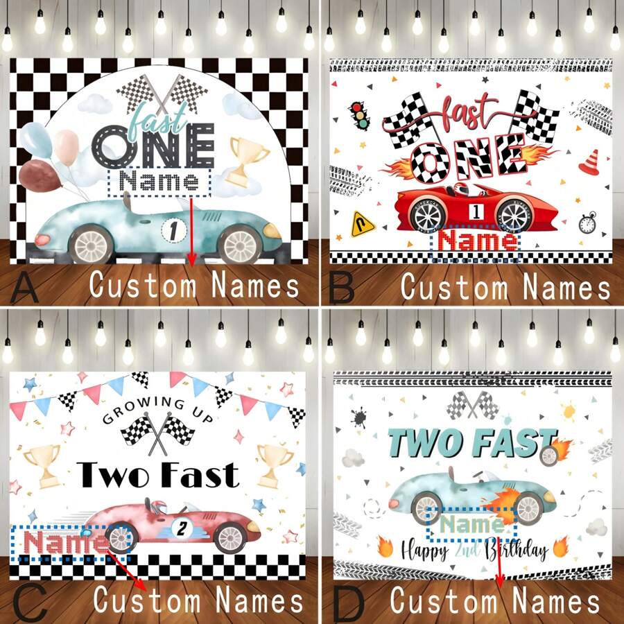 1pc Customizable Photo Name Racing Theme Happy Birthday Backdrop Race Track Black And White Flag Balloon Gift Box Pattern Design For Racing Theme Birthday Party Cake Table Decoration Photography Banner Vinyl