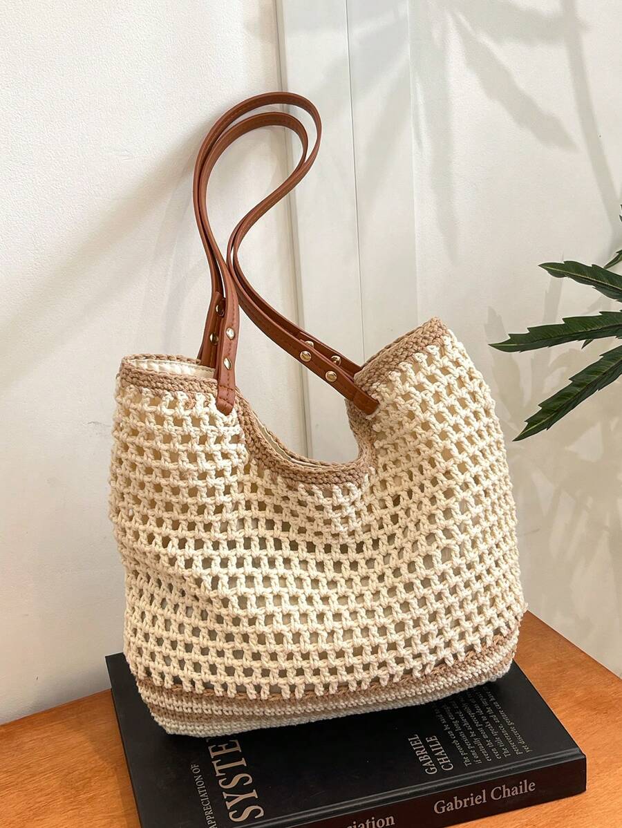 1 pieza Bolso de playa de estilo casual, con bloques de color, rayas y abertura, adecuado para mujeres de vacaciones