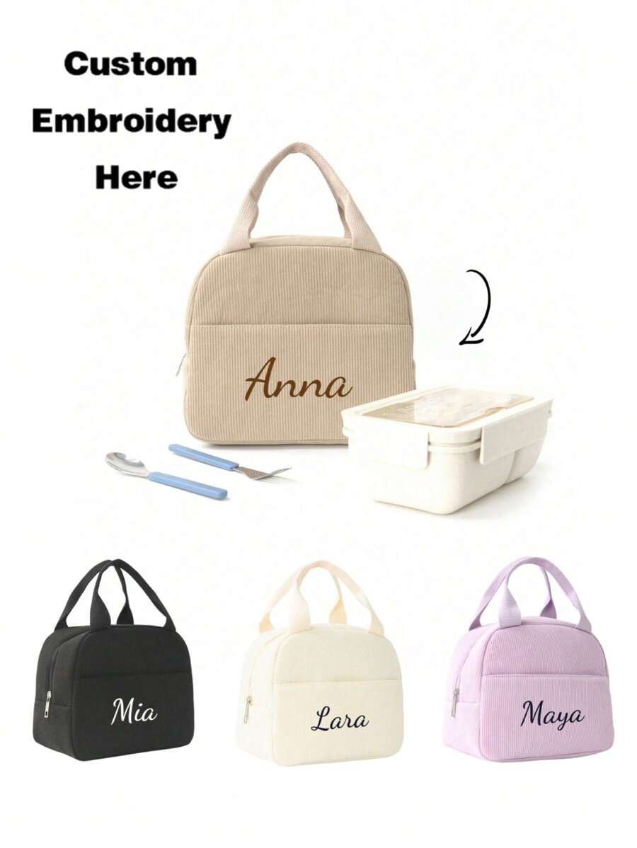 1pc Embroidery Customization Corduroy Lunch Bag, Solid Color Simple Insulated Lunch Bag, School Lunch Box, Food Bag, Casual Picnic Bag, Camping Bag, Cooler Bag, Suitable For Office, School, Leakproof, Portable Large Capacity, Suitable For Travel Picnic, Contracted,Funny,Kawaii,Y2K,Minimalist,Commuting,Business Casual,Basics,Custom,Personalized,Unique,Customized,For Anniversaries,For Birthdays,For Holiday/ Vacation,For Outdoors/Outings/Travel/Hiking/Stadium/Sports/Climbing,For Business/Commute/Work/Office,Travel,School Supplies,Back To School,School Gift,For Office,For School,For Classroom,For Teacher Gifts,For University,For Colleague,For Dorm Rooms,For Teacher,For Boys And Girls,For Teenagers,Junior High School Students,Middle School Students,High School Senior High School Students,College Students,University Students,Freshman,Sophomore,Underclassmen