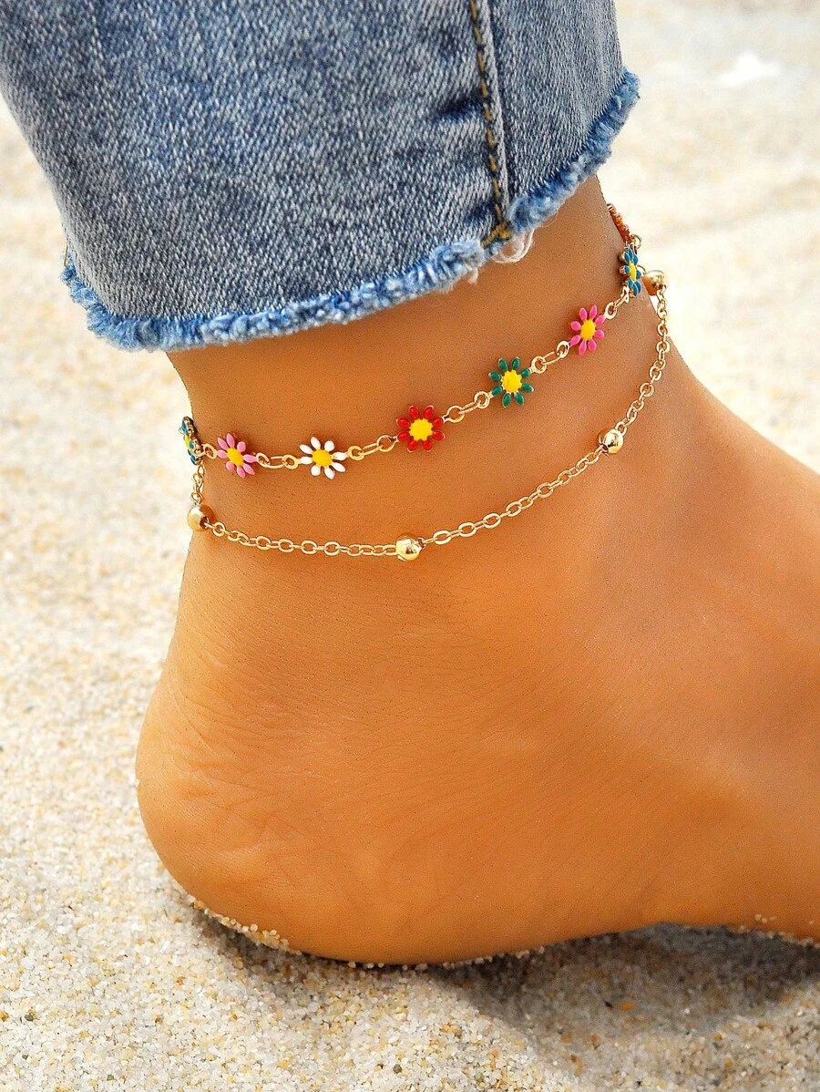 1pc Fashion Minimalist Bohemian Style Multicolor Daisy Decor Multi-Layer Anklet, Suitable For Women Beach Holiday, Party, Date, Gift, Daily Wear (Random Color)