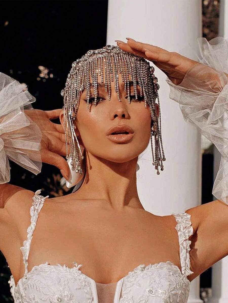1pc New Luxury Rhinestone Decorated Tassel Women Hair Chain, Sparkling Bridal Party Wedding Hair Accessory